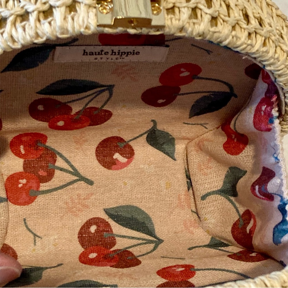NWT Haute Hippie Cream Straw Round Crossbody with Red Cherry Charm - Picture 8 of 9